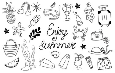 Enjoy summer doodle set. Hand drawn style.   Tropical palm flowers, fruits, pineapple, watermelon, ice cream, crab, shell icon collection. Summertime, traveling, beach concept.