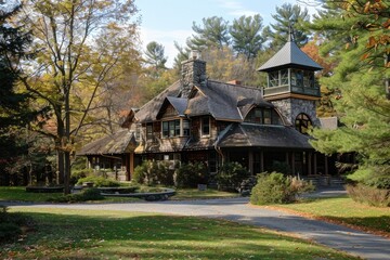 A rustic wooden house with a steep roof, suitable for various design projects