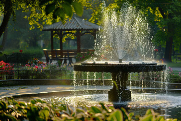 Beautiful dark fountain in the park with sunlight in summer