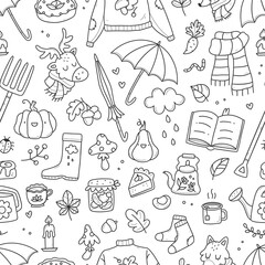 Seamless autumn pattern with cute doodles. illustration background.