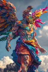A statue of an angel with vibrant, colorful wings. Suitable for religious themes or decoration