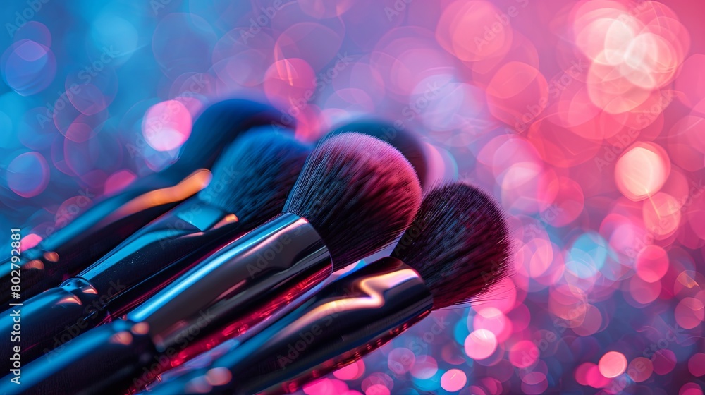 Poster a close-up view of several makeup brushes arranged against a vibrant and abstract colorful backgroun