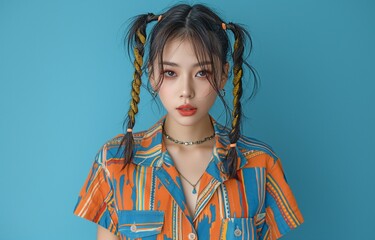 Asian youthful, stylish, and cool female fashion model, posing for the camera while wearing a casual contemporary blouse, shorts, and braids in her hair.