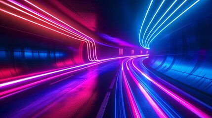 a colorful tunnel with neon lights featuring a blue wall and a white line