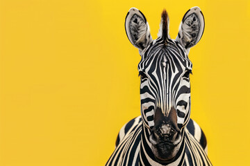 Zebra head on yellow background with copy space