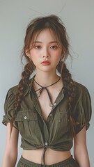 Asian youthful, stylish, and cool female fashion model, posing for the camera while wearing a casual contemporary blouse, shorts, and braids in her hair.