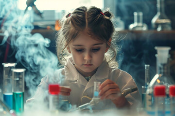 cute schoolgirl scientist doing experiments with smoke in modern laboratory