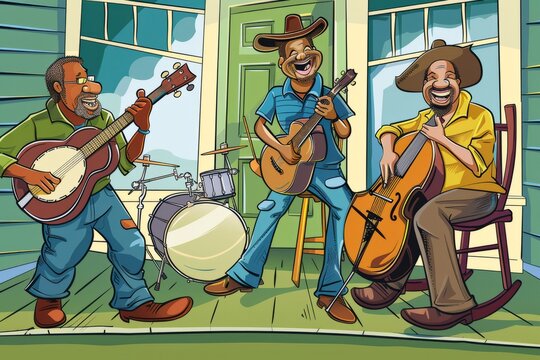 Cartoon cute doodles of a bluegrass band picking and grinning on a front porch, with banjos, mandolins, and harmonious vocal harmonies, Generative AI
