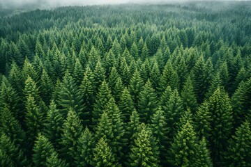 Aerial view of evergreen coniferous forest in the fog