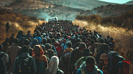 A large group of people walking down a dirt road, suitable for various outdoor and community concepts