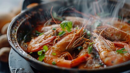 Close-up of a steaming bowl of Tom Yum Goong soup with plump shrimp, straw mushrooms, and aromatic spices, ready to be enjoyed