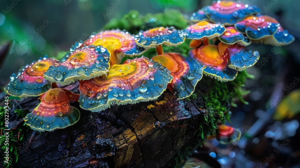Poster Close-up of colorful mushrooms thriving on the damp surface of a tree stump, adding vibrant splashes of color to the forest floor.