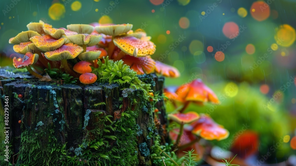 Poster Close-up of colorful mushrooms thriving on the damp surface of a tree stump, adding vibrant splashes of color to the forest floor.