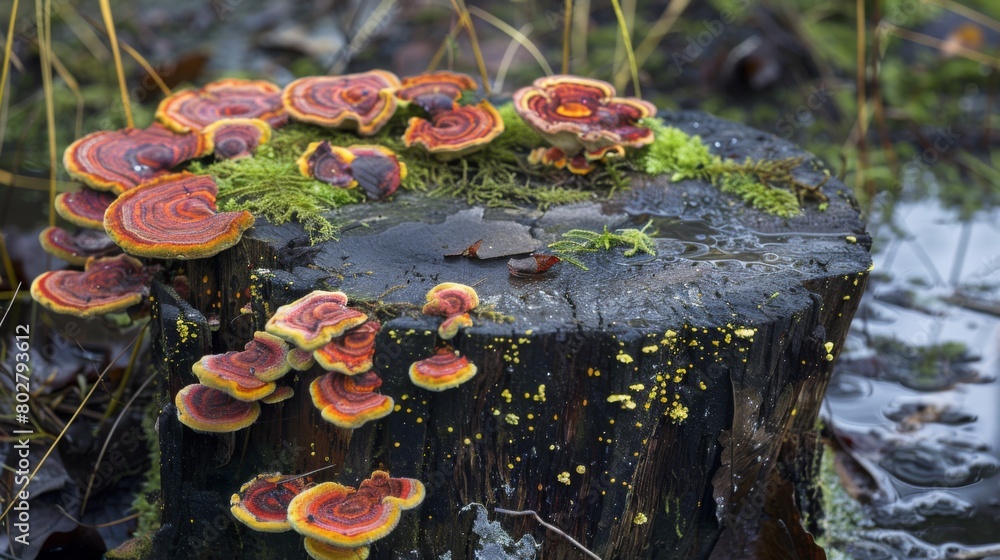 Poster Close-up of colorful mushrooms thriving on the damp surface of a tree stump, adding vibrant splashes of color to the forest floor.