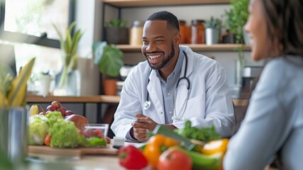 Fototapeta premium wearing a stethoscope and a white lab coat discussing diet, food, and supplement pills with the patient while seated and grinning at a desk