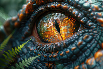  A closeup of the eye and skin texture of an angry dinosaur, with ferns in its background. The focus is on capturing intricate details such as irises and scales. Created with Ai