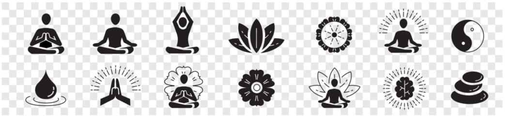 Meditation Practice Yoga and Zen icons set. Relaxation Inner Peace Self-knowledge Inner Concentration Editable Stroke Line icons collection Vector.