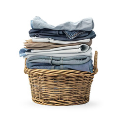 Stack of clean clothes and Wicker basket with clean laundry isolated on a transparent background 
