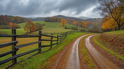 Fototapeta premium A farm in rural Rockbridge County, Buena Vista, Virginia, with a fence and a foggy fall day, as well as a dirt road driveway on a hill
