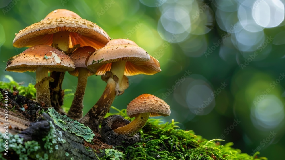 Poster close-up of mushrooms thriving on the bark of a tree, highlighting the fascinating world of fungi in