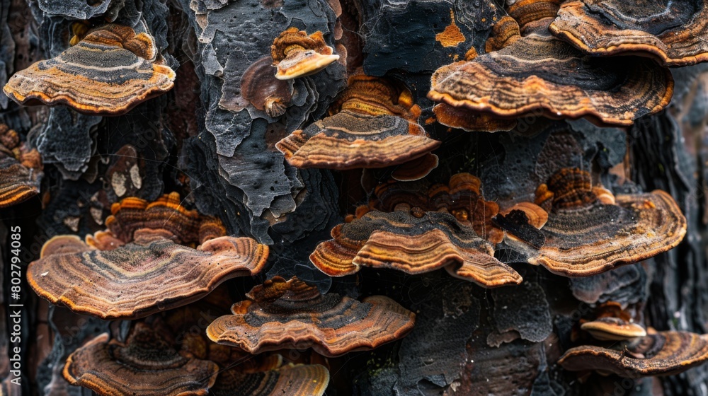 Poster close-up of mushrooms thriving on the bark of a tree, highlighting the fascinating world of fungi in