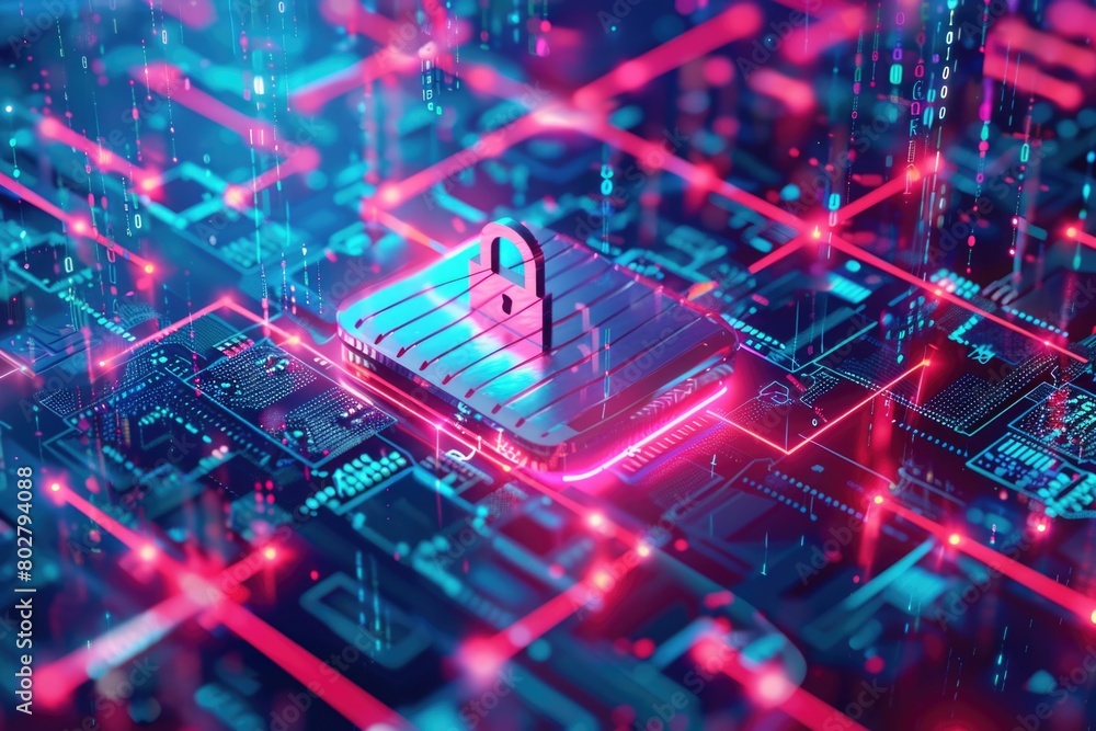 Aufkleber close up of a circuit board with a padlock, suitable for technology and security concepts