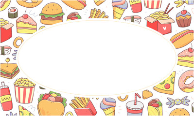 Rectangular horizontal frame with fast food. Fast food template with space for text.