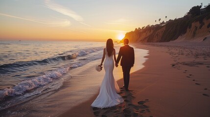 Newlyweds in romantic sunset beach stroll, golden silhouettes against vast tranquil ocean backdrop
