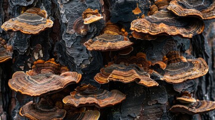 Close-up of mushrooms thriving on the bark of a tree, highlighting the fascinating world of fungi...