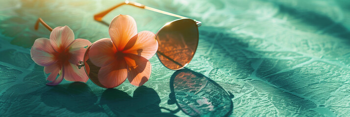 A composition of sunglasses and a tender pink flower set against a lush green background. Ai generated