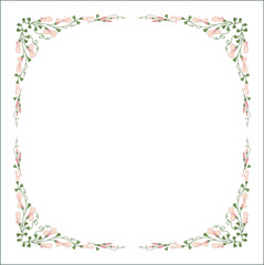 Green vegetal ornamental frame with leaves and pink flowers, decorative border, corners for greeting cards, banners, business cards, invitations, menus. Isolated vector illustration.	

