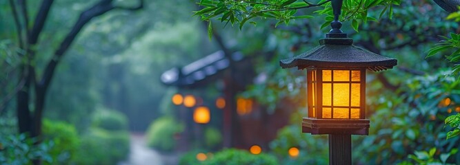 Japanese hanging lantern light on a wooden post in a garden with a path at a home, temple, or shrine with lush vegetation