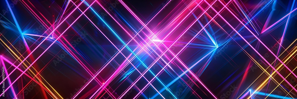 Poster a colorful array of neon lights arranged in a row from left to right, including red, green, blue, y