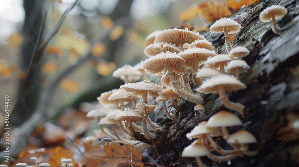 Poster close-up of mushrooms thriving on the damp underside of a fallen log, highlighting the role of fungi