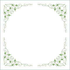 Round green vegetal ornamental frame with leaves, decorative border, corners for greeting cards, banners, business cards, invitations, menus. Isolated vector illustration.	
