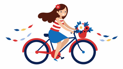 A girl proudly displaying a homemade red white and blue banner that reads Happy Independence Day as she rides her bike adorned with garlands of. Vector illustration