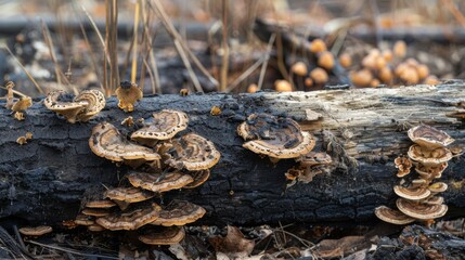 Close-up of mushrooms thriving on the damp underside of a fallen log, highlighting the role of fungi in decomposing organic matter in forests.