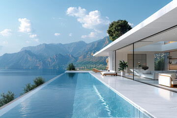  A stunning white modern villa with infinity pool, overlooking the mountainous landscape of mountains and sea in KRA. Created with Ai - obrazy, fototapety, plakaty
