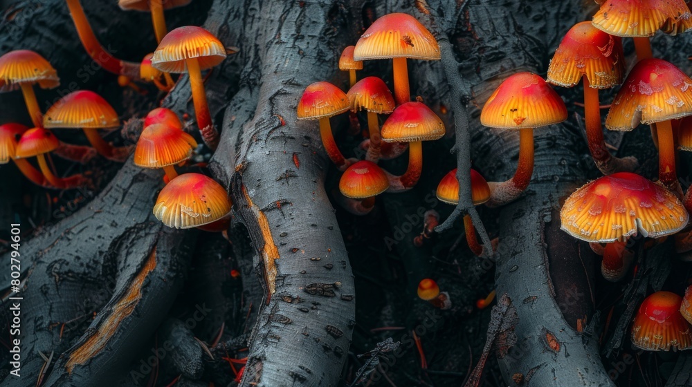 Poster close-up of vibrant mushrooms thriving on the roots of a tree, illustrating the intricate interplay 
