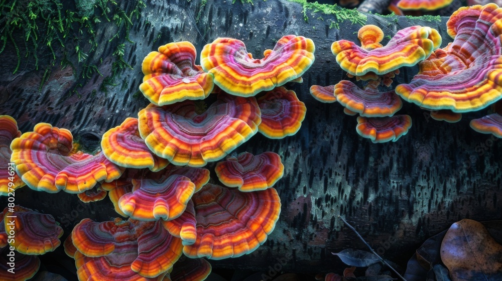 Poster close-up of vibrant mushrooms thriving on the roots of a tree, illustrating the intricate interplay 
