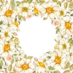 Frame of watercolor flowers in vintage style. Summer flowers are hand-drawn: Peonies, roses, anemones, cosmos flowers, leaves, buds, berries and ears