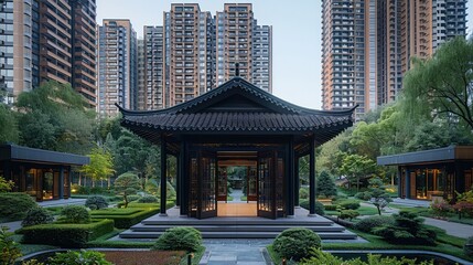 Obraz premium A Chinese-style black square pavilion with simple patterns on the beam and elegant design. It is located in the center of an outdoor courtyard surrounded by modern high-rise buildings. Generative AI.