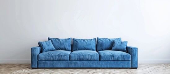A contemporary blue cloth couch in a white room with a wooden parquet floor.