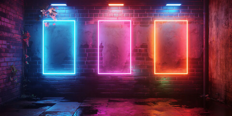 Set of neon frames on wall