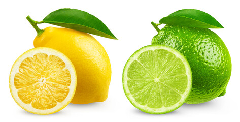 Citrus fruits isolated. Lemon and lime on a transparent background.