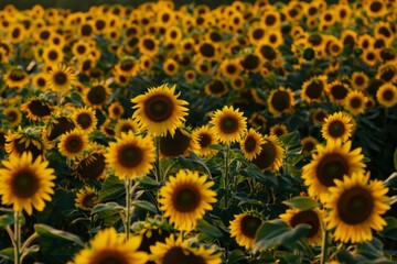 Bask in the golden glow of a field of sunflowers at sunset, where the towering blooms turn their faces towards the fading light, casting long shadows,Generative AI