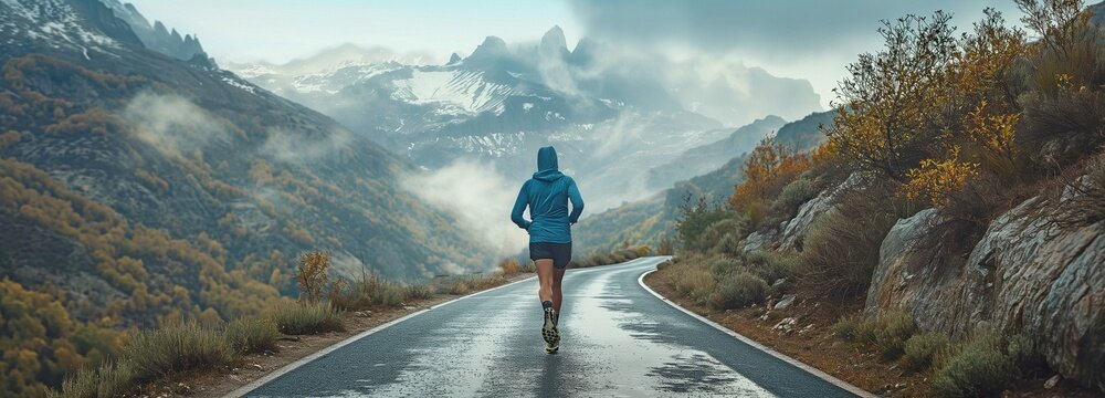 View from behind of a runner on a mountain road