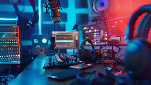Professional recording studio control room featuring advanced mixing console, high-end computer, quality headphones, microphone. Colorful lighting generating dynamic ambiance for audio production