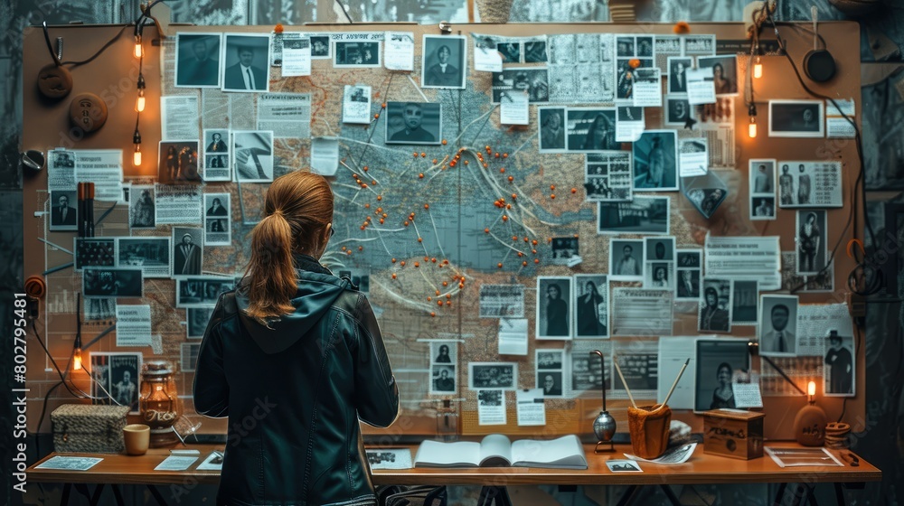 Poster cyber investigation framework, a photo of a modified detective board with examination of hands, phot