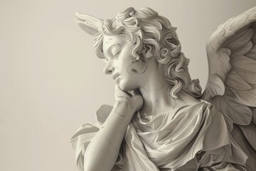 Fototapeta premium A statue of an angel deep in thought, perfect for religious or contemplative concepts